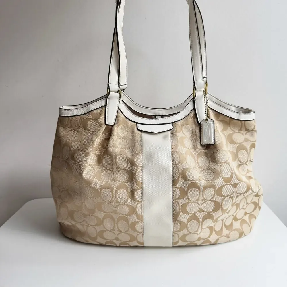 Coach Signature Monogram Satin Stripe Tan Canvas White Leather Devin Bag